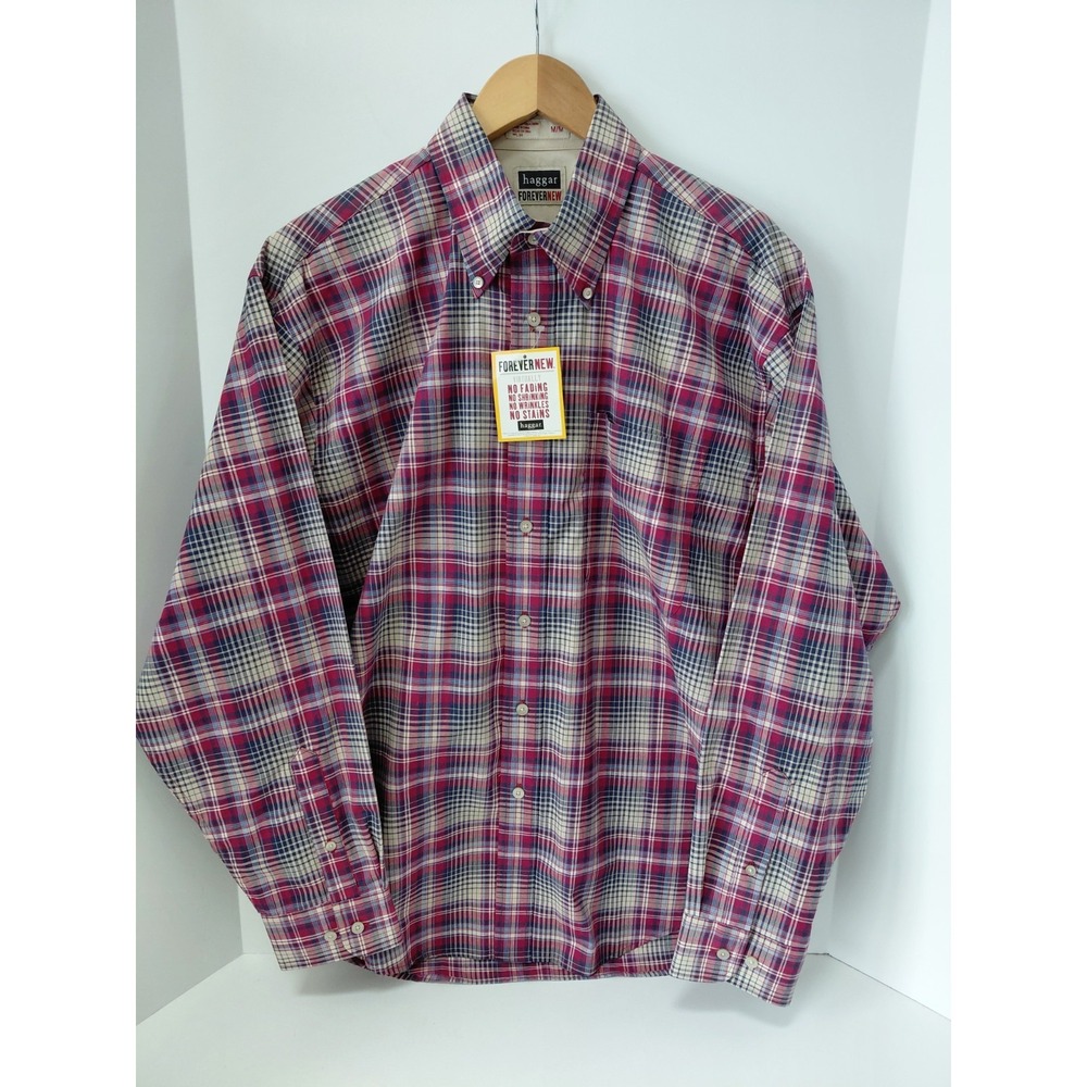 NEW Haggar Forever New Medium 100% Cotton Long Sleeve Button Down Plaid Shirt